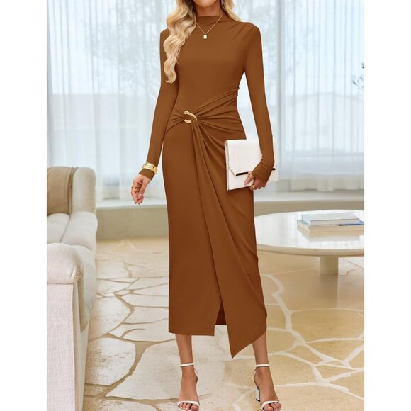 Zesica Women's Caramel Long Sleeve Mock Neck Long Midi Bodycon Cocktail Dress - Picture 3 of 7